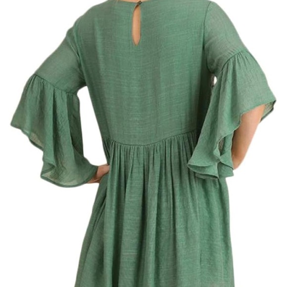 Umgee Boho Embroidered Floral Dress Green Tiered Flowy 3/4 Bell Sleeve Size L - Picture 10 of 10